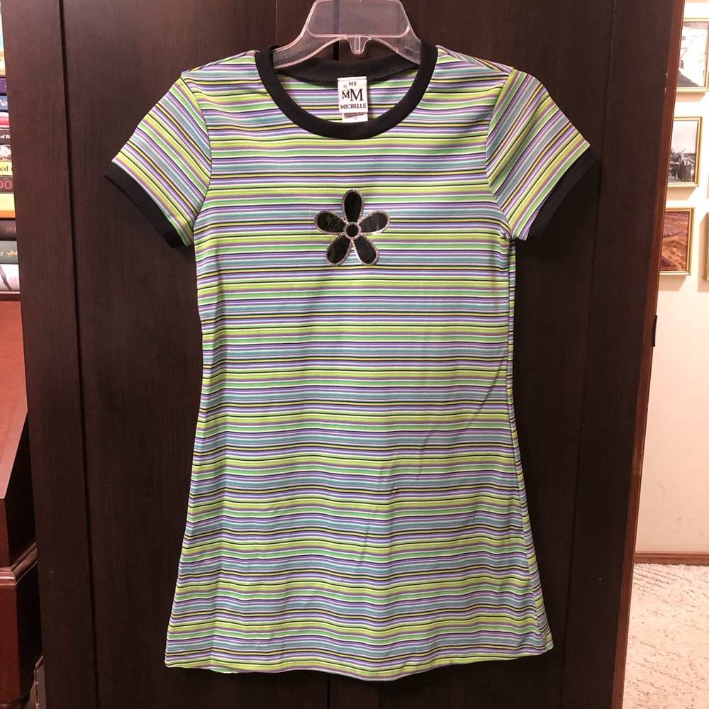 Striped Short Sleeve Dress with Flower Design